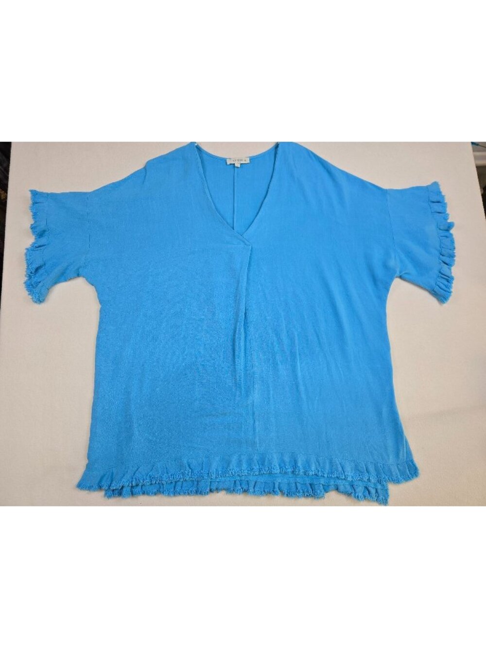 Umgee Womens Blue V-Neck Fringed Hem Tunic Blouse XL Cotton Blend Lagenlook